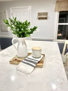 a white pitcher sitting on top of a kitchen counter next to a potted plant