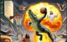 an image of jesus playing basketball with the crocodiles and other animals in front of him