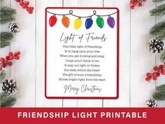 a christmas card with the words, light of friends on it and some pine cones