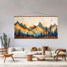 a living room filled with furniture and a painting on the wall above it's couch