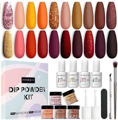 bout this item What You Get: 20 X fall colors nail dip powder (0.33 oz. each), 4 X Dip liquids essential set (with base coat/top coat/activator/brush saver. 0.34 oz. each), 5 X Additional professional dip manicure tool (with nail brush/cuticle pusher/nail file/2*dip powder gel brush replacement), User Manual Quick Start Guide. Azurebeauty Dip Powder, Dip Manicure, Diy Salon, Dip Nail, Salon Gifts, Halloween Acrylic Nails, Nude Nail, Nail Art Salon, French Nail Art