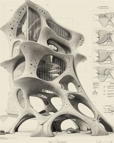 an architectural drawing of a building with multiple sections