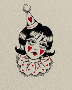 Art, style, grengur art, clown girl art, drawing ideas Clown Tattoo Simple, Drawing Ideas Clown, Clown Flash Tattoo, Cute Spooky Designs, Heart Design Tattoo, Cute Spooky Drawings, Vintage Halloween Tattoos, Spooky Pinup Tattoo