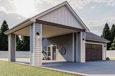 a two car garage with an attached porch