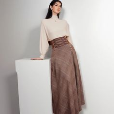 Lasaky - Vintage Palace Court Plaid Midi Skirt with High Waist Tie Belt and Flared Hem Vintage Palace, Plaid Midi Skirt, Cloth Belt, Half Skirt, Extra Long Sleeves, Printed Bodycon Dress, Belt Tying, White Sweater, Plaid Skirts