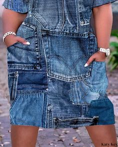 KatyKey - Stylish Denim-inspired Print Dress with Flattering Plus Size Fit and Practical Pocket Design Plus Size Denim, Denim Chic, Estilo Chic, Plus Size Fits, Chic Casual, Stylish Plus, Dress For Short Women, Pocket Design, Summer Dresses For Women