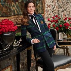 Ralph Lauren Bullion Crest Plaid Wool Blend Twill Blazer Size: 16w Color: Navy Green Plaid Crafted From Stretch-Infused, Wool-Blend Twill In The Season's Plaid Pattern, This Plus Size Structured Blazer Embodies Sophisticated Lauren Ralph Lauren Style With A Signature Bullion Patch At The Chest. Bullion Patch At The Chest Straight Fi. Intended To Hit At Hips Back Princess Seams Fully Lined Left Chest Patch Pocket One Button Silhouette Long Sleeves With Four-Button Cuffs Shoulder Pads Notch Lapels Horse Girl Aesthetic, Structured Blazer, Velvet Tie, Ralph Lauren Blazer, Ralph Lauren Plaid, Feminine Details, Ralph Lauren Style, Ralph Lauren Women, Lauren Green