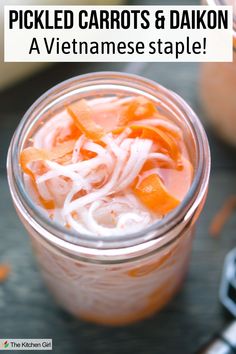 Pickled carrots and daikon in mason jar. Title: Pickled Carrots & Daikon: A Vietnamese staple! Pickled Daikon And Carrots, Pickled Daikon Recipe, Pickled Carrots And Daikon, Daikon Recipe, Pickled Daikon, Pickled Vegetables Recipe, Vietnamese Sandwich, Radish Recipes, Pickled Carrots