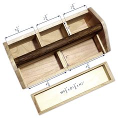 a wooden box with drawers and measurements for the top section, bottom section and bottom section