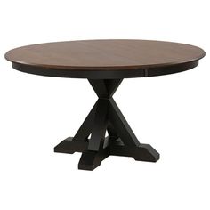 a wooden table with two black legs and a brown round top on an isolated white background