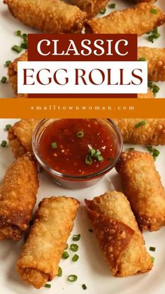 egg rolls on a plate with dipping sauce