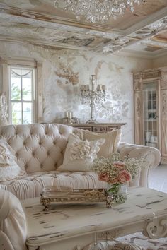 a living room with white furniture and chandelier above the coffee table is filled with flowers