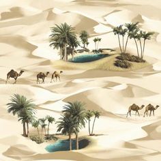 desert scene with camels and palm trees