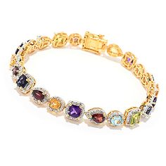 You'll love the way this eye-catching Jorge Pérez halo line bracelet sparkles and shines on your wrist. It features your choice of a multi gemstone version with eight types of colorful gems or a white gemstone version with white quartz. Both feature a variety of gem shapes that are beautifully accented with halos of white topaz. It's also available in your choice of plating - 18K yellow vermeil or platinum rhodium - over sterling silver and your choice of size (7" or 7.5") to ensure a perfect fi Elegant Multicolor Crystal Bracelet With Sparkling Stones, Fine Jewelry Bracelets With Gemstone Accents And Cubic Zirconia, Diamond Bracelets With Gemstone Accents For Anniversary, Luxury Multi-stone Cubic Zirconia Diamond Bracelet, Luxury Multi-stone Cubic Zirconia Tennis Bracelet, Luxury Cubic Zirconia Multi-stone Diamond Bracelet, Luxury Cubic Zirconia Multi-stone Tennis Bracelet, Fine Jewelry With Multicolor Halo, Diamond Bracelets With Gemstone Accents