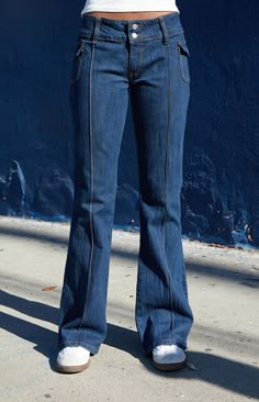 Dark Blue Agatha Low Rise Flare Jeans Brandy Melville Agatha Jeans, Low Rise Jeans Outfit, Flare Jeans Outfit, Low Rise Baggy Jeans, Low Waisted Jeans, Jeans Pacsun, Blue Flare Jeans, Low Rise Pants, Comfy Sweatpants