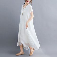 Sku CY-!118942 Material Cotton-blend Style Loose Feature Solid Color Neckline V-neck Occasion Going out , Casual , Vintage Seasons Spring, Summer, Autumn Type Midi Dress Color White, Black, Yellow Size M, L, XL, XXL Size Chart: Please consult the size chart we provide for this item's measurements to help you decide which size to buy. Please note: There may be 1-3cm differ due to manual measurement. CM Bust Shoulder Sleeve Length M 112 40 15 114 L 116 41 16 115 XL 120 42 17 116 XXL 124 43 18 117 Casual White V-neck Summer Dress, White V-neck Maxi Dress For Summer, White V-neck Maxi Dress, White V-neck Dress With Short Sleeves, White V-neck Shift Midi Dress, White Shift Midi Dress With V-neck, White V-neck Maxi Dress For Spring, White Maxi Length V-neck Dress For Summer, White Maxi V-neck Dress For Summer