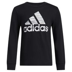 Give his wardrobe a sporty refresh with this boys' adidas logo graphic long sleeve tee. Give his wardrobe a sporty refresh with this boys' adidas logo graphic long sleeve tee. Click on this KIDS APPAREL & SHOES GUIDE to find the perfect fit and more! FEATURES Crewneck Long sleeves Graphic on chest Jersey knit constructionFABRIC & CARE Cotton Machine wash Imported Size: 4. Color: Black. Gender: male. Pattern: camo. Adidas Logo Long Sleeve Activewear For Sports, Adidas Long Sleeve Activewear For Sports, Long Sleeve Adidas Activewear For Sports, Long Sleeve Activewear With Logo Print For Streetwear, Long Sleeve Graphic Print Sportswear T-shirt, Sporty Long Sleeve Activewear With Logo For Streetwear, Long Sleeve Logo Print Activewear For Sports, Logo Print Long Sleeve Activewear For Sports, Long Sleeve Sports Activewear With Logo Print