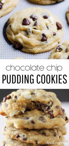 chocolate chip pudding cookies stacked on top of each other with the words, chocolate chip pudding cookies