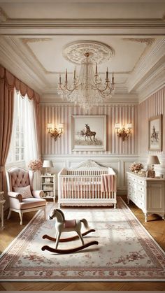 a baby's room with a rocking horse in the center and chandelier