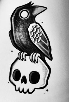 a drawing of a bird sitting on top of a skull