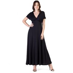 A formal look has never been so comfortable. With its regal full-length skirt this womens maxi dress makes for an elegant formal or casual look. Featuring a v-neck line and v cut on the back, cap sleeves, flared a line skirt, defined empire waist, and is made from a soft and comfortable stretch material in four beautiful year round colors and it is machine washable for easy care. The perfect dress to keep in your closet for any special occasions or just an eye-catching date night look. Made in t V Neck Maxi Dress, Full Length Skirts, Line Skirt, Hem Style, Formal Looks, V Cut, V Cuts, Caps For Women, Womens Maxi Dresses