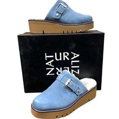 Clogs Mules Suede Leather Buckle Closed Toe Fur Platform Slip On Style. Classic Round Toe Silhouette. Decorative Strap On Vamp. Non-Slip Outsole With Flex Grooves. Casual Blue Platform Clogs, Blue Slip-on Clogs With Cork-bed Midsoles, Blue Platform Slip-on Clogs, Blue Clogs With Platform And Round Toe, Casual Blue Mules With Leather Footbed, Blue Clogs With Leather Footbed And Round Toe, Slipon Shoes, Suede Clogs, Black Leather Loafers