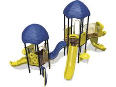 an image of a children's playground set with blue and yellow play equipment on white background