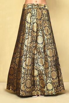 Black banarasi brocade lehenga with an attached cancan and floral pattern. Comes with a sequins and lace embroidered padded blouse and a dupatta. - Aza Fashions Brocade Lehenga, Banarasi Brocade, Padded Blouse, Set Women, Neck Pattern, Aza Fashion, Black Floral, Lehenga, Floral Pattern