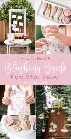 a collage of photos with pink and white flowers on them, including the words how to host a bridal bridal