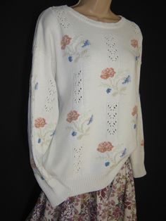 LAURA ASHLEY Vintage Cream Floral Chevron Lace Knit Stitch Cotton Jumper/Sweater, M/L Lace Knit Stitches, Laura Ashley Clothing, Country Casual, Knit Stitches, Knit Stitch