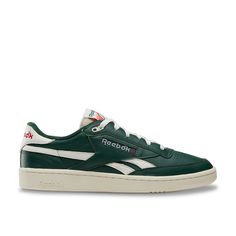 Reebok-Club C Revenge Sneaker Elevate your shoe game with the Reebok Club C Revenge sneaker. Crafted with premium leather upper, this style features vintage vibes for that perfect lived-in look. Complete with perforated details at the toe and embroidery accents, as well as the brand's iconic sporty stripes along the side. Retro Leather Skate Shoes With Cushioned Footbed, Vintage Green Leather Sneakers, Green Sneakers Women, Reebok Shoes Women, Reebok Club C Revenge, Club C Revenge, Perfect Live, Colorful Sneakers, Reebok Club C