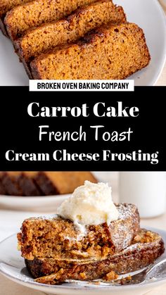 carrot cake french toast with cream cheese frosting on a white plate next to other desserts