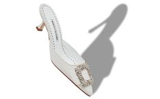 Designer White Crepe de Chine Jewel Buckle Mules - Image Main Elegant Mules With 4-inch Heel And Pointed Toe, Elegant White Mules With 4-inch Heel, White Luxury Formal Mules, Elegant White Kitten Heels With Single Toe Strap, Elegant Mules With Branded Heel Counter And Almond Toe, Elegant Almond Toe Mules With Branded Heel Counter, Elegant Heels With Single Toe Strap For Wedding, Elegant Single Toe Strap Heels For Wedding, Elegant High Heel Mules For Gala