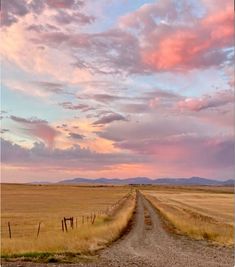 a dirt road in the middle of an open field under a pink sky with clouds