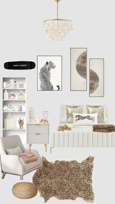 a bedroom with white furniture and pictures on the wall, including a leopard print rug