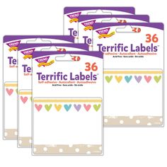 three pack of tetrific labels with hearts on the front and two side