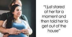 a man holding a pregnant woman in his arms with a quote on the side that says, i just started after for a moment and then told to get out of the house