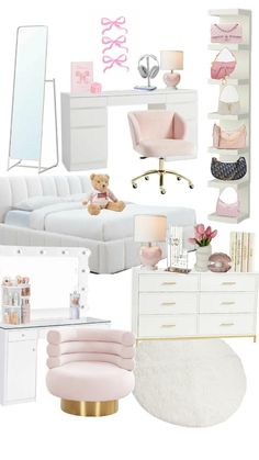 a collage of pink and white furniture, including a bed, desk, chair, dresser