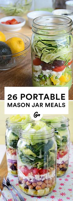 mason jars filled with salads and vegetables