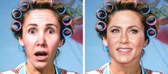 a woman with curlers in her hair making funny faces