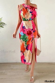 Olivia Mark - Chic Long Dresses with Oblique Collar and Casual Print Accents Two Piece Jumpsuit, Long Dress Casual, Comfortable Room, Long Sleeve Short Dress, Wedding Guest Dress Summer, Sleeve Dresses, Maxi Dresses Casual, Daily Dress, Long Dresses