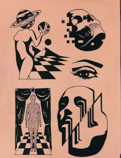 an old book with black and white illustrations on the front cover, featuring woman's faces