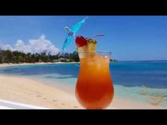 a drink sitting on top of a sandy beach next to the ocean and palm trees