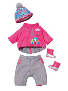 the doll is wearing a pink outfit and hat with matching boots for her baby to wear