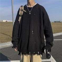 Sweater Pullovers Men Crewneck Asymmetrical Hip Hop Ripped Clothes Cool Streetwear Retro Casual Fashion Knitting Personality Ins voguable Ripped Clothes, Winter Sweaters Oversized, Mens Winter Sweaters, Grunge Fits, Fashion Knitting, Cool Streetwear, Men Crewneck, Streetwear Sweater, Tomboy Style Outfits