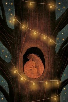 a painting of a sleeping baby in a tree with lights around it and stars on the night sky