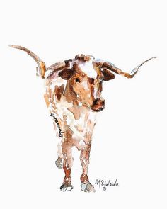 a watercolor painting of a longhorn steer standing in front of a white background