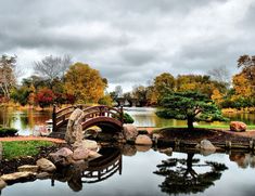 a bridge over a pond in a park with rocks and trees around it on a cloudy day