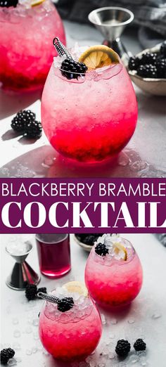 blackberry bramble cocktail with blackberries on the rim