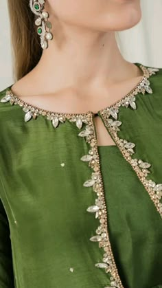 Elegant Embroidered Neckline Design Inspo Zardozi Embroidery Designs Pattern Kurti, Dabka Work Embroidery Neckline, Elegant Unstitched Suit With Pearl Embroidery, Bead Work Embroidery On Kurtis, Beadwork Embroidery Kurtis, Baby Dress Diy, Sets Outfit, Simple Hand Embroidery Patterns, Pakistani Wedding Dress